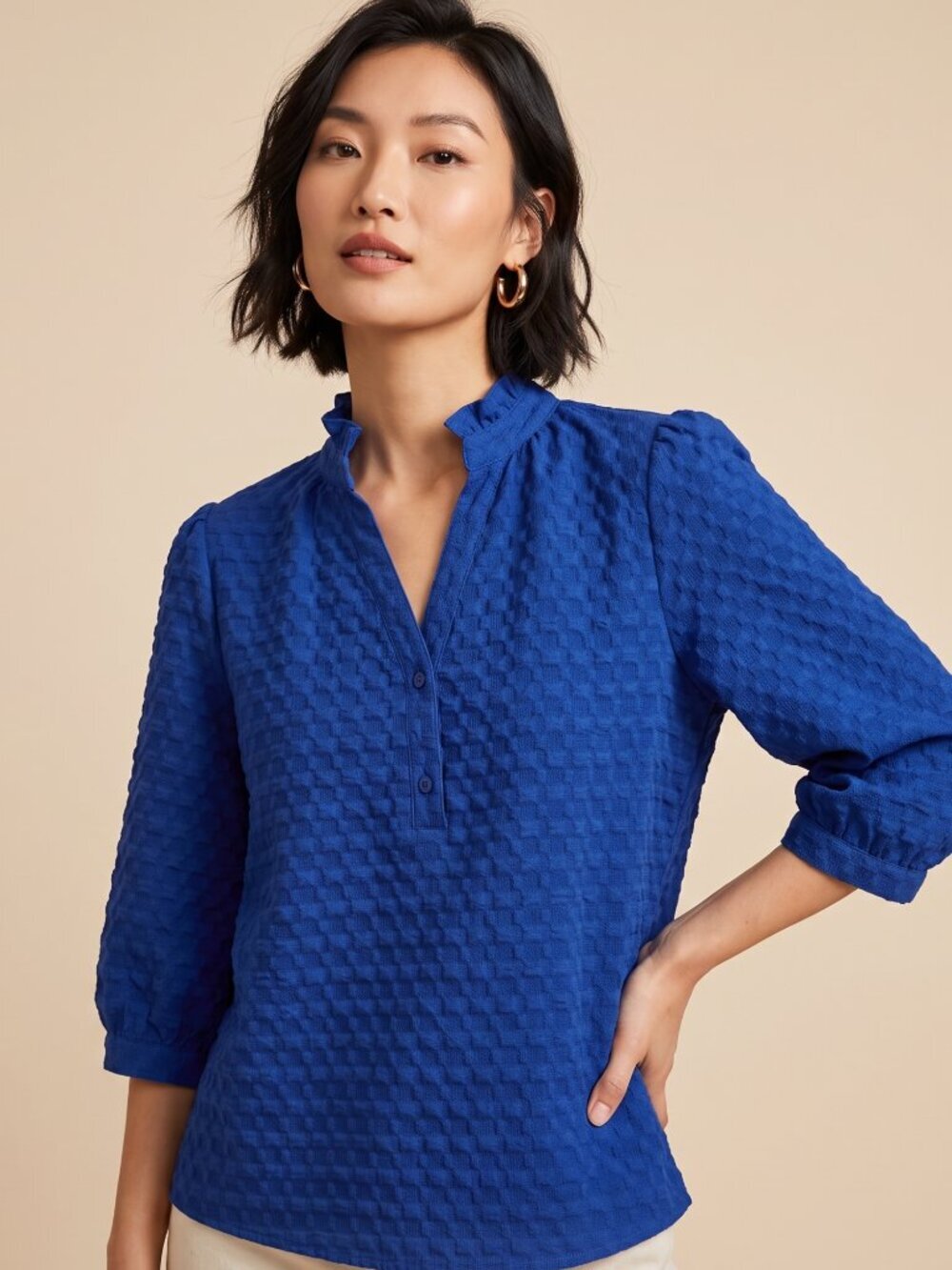 NWT | EGOCKAL | Royal Blue Textured Bubble Knit Ruffle Neck Blouse | Small